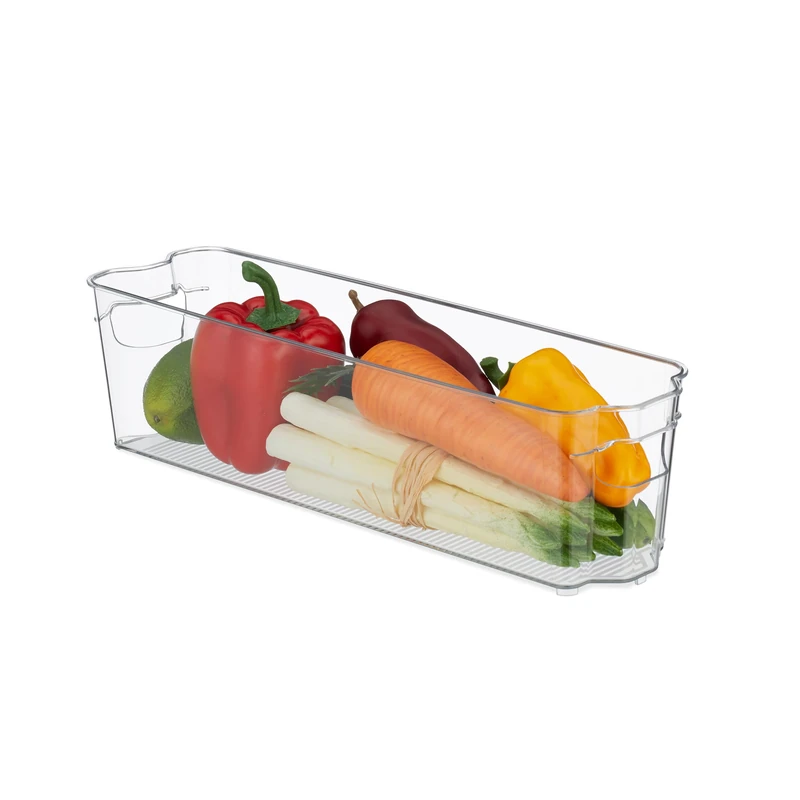 Relaxdays Refrigerator Organiser with Handles, Groceries Storage, Washable, HWD: 10 x 38 x 10.5 cm, Plastic, Transparent, 100% - Image 1