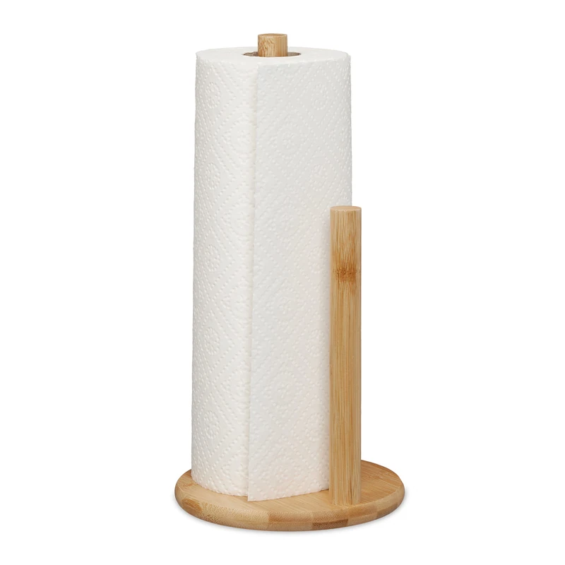 Relaxdays Paper Towel Roll Holder, Bamboo, Stainless Steel, Kitchen Rack with a Stopper, HxØ: 28x14.5 cm, Natural