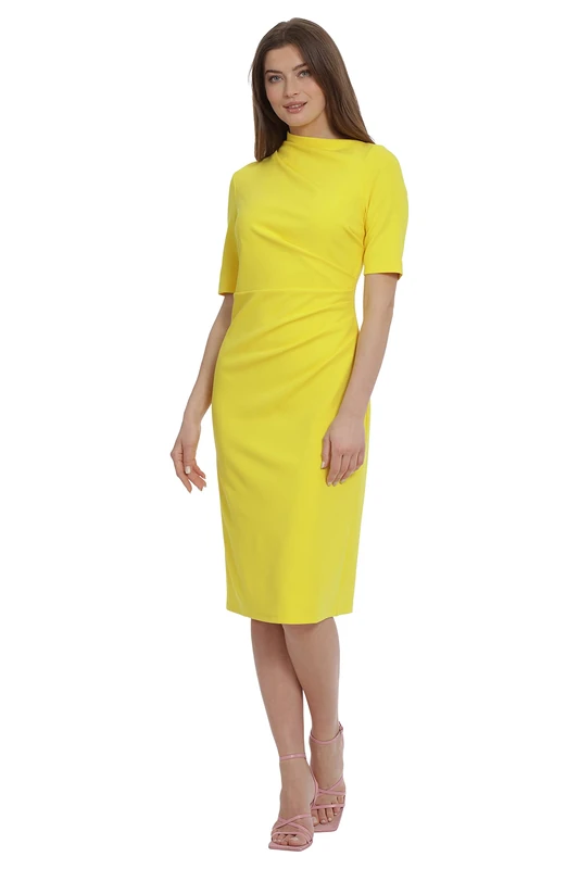 Maggy London Women's Side Pleat Dress with Asymmetric Neck and Elbow Sleeves, Empire Yellow, 12