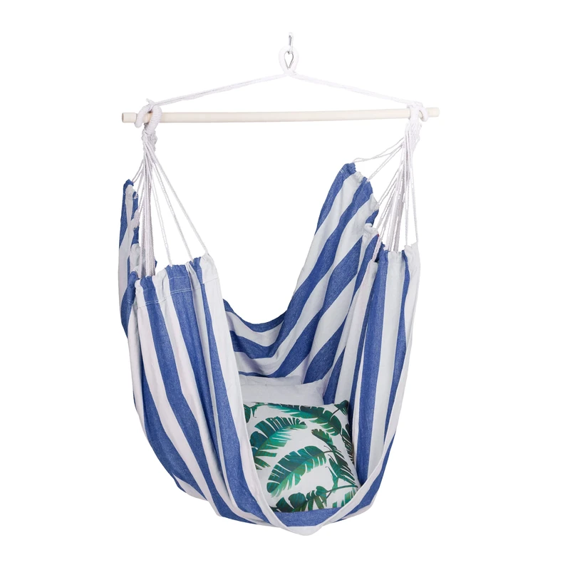 Relaxdays Hanging Chair, Modern Cotton Swing Seat, For Adults & Children, In- & Outdoor Use, Max. 150 Kg, White and Blue