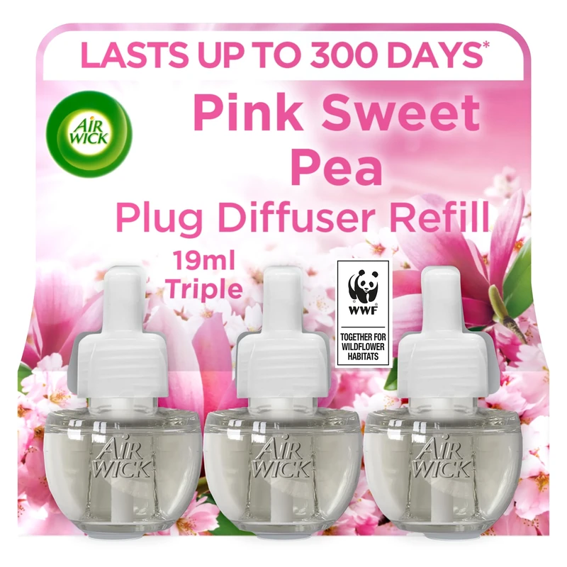Air Wick Plug in Diffuser Triple Refill, Pink Sweet Pea, Pack 3 x19ml, Long Lasting Fragrance, Lasts up to 300 days, Plug in Air freshener