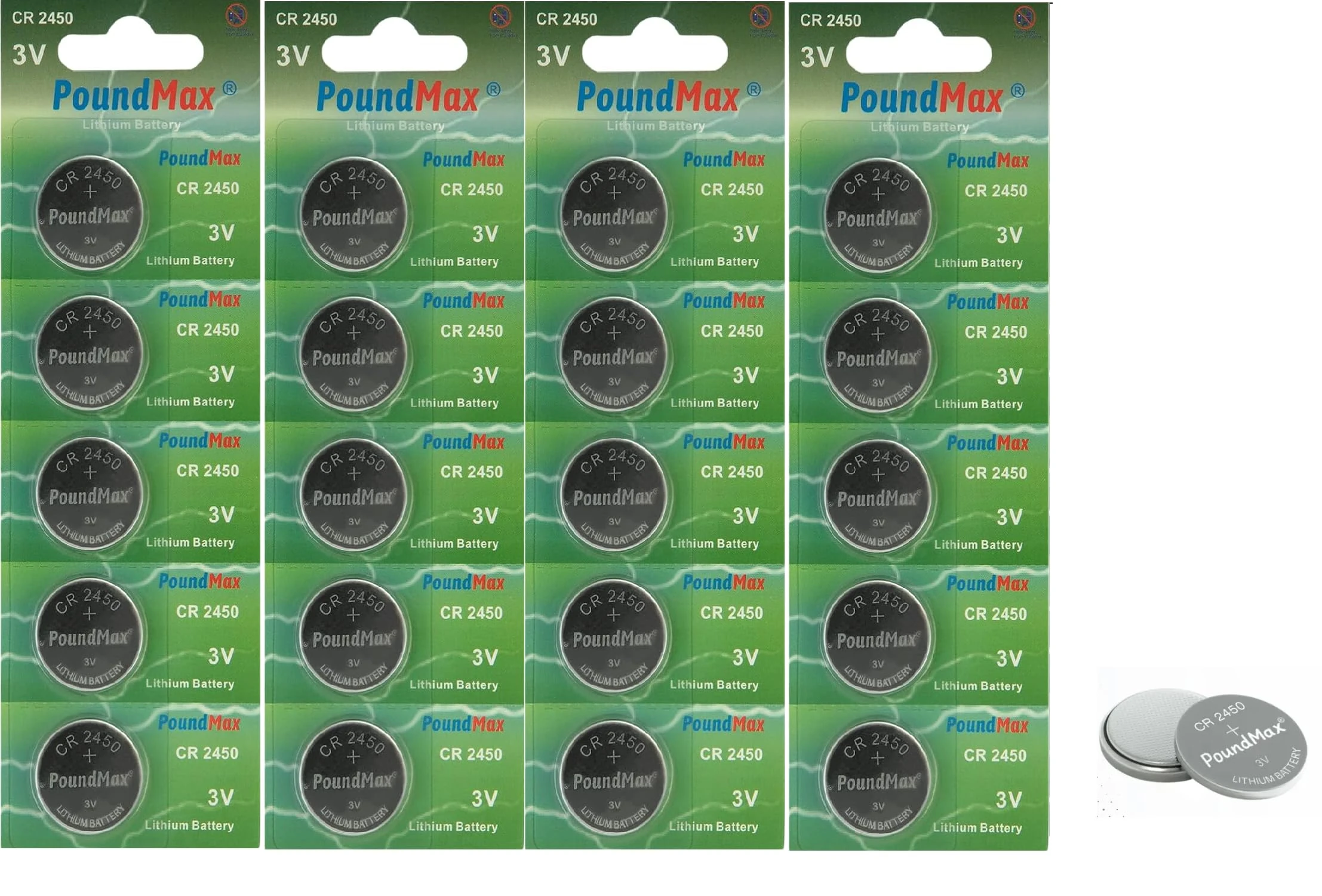 20 x 2450 CR2450 DL2450 ECR2450 BR2450 KCR2450 3V PoundMax Lithium Coin Cell Batteries