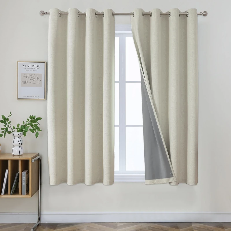 Joydeco Blackout Curtains 63 Inches Long 2 Panels Burg, Room Darkening Curtains for Bedroom, 100% Black Out Textured Thermal Drapes Privacy Protection 2 Panels Set(W42 x L63 Inch, Light Beige)