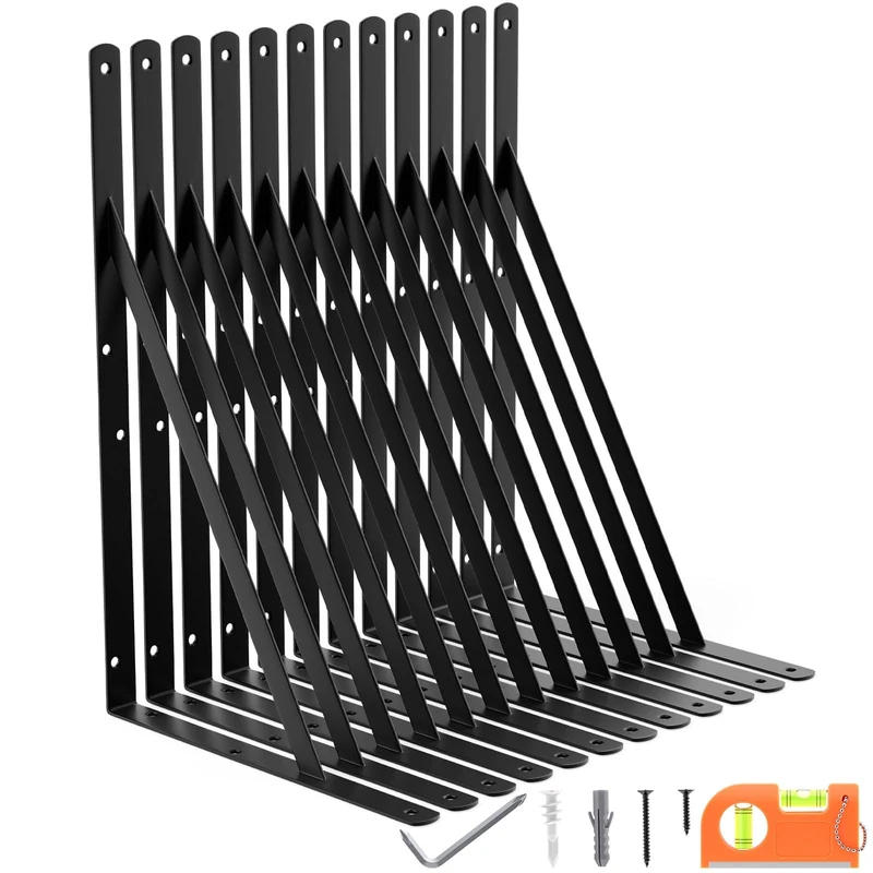 LEOPO 18 Inch Shelf Brackets (12 Pack) - Heavy Duty Steel L-Shaped Wall Brackets for Garage Storage, Industrial Shelving Systems,Black Powder-Coated Steel