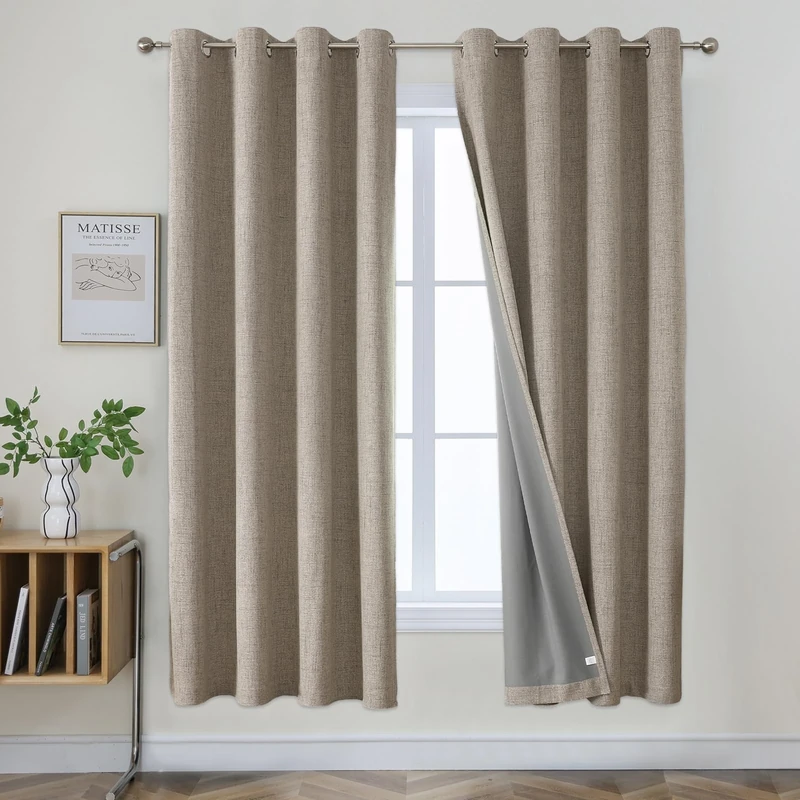 Joydeco Blackout Curtains 72 Inches Long 2 Panels Burg, Room Darkening Curtains for Bedroom, 100% Black Out Textured Thermal Drapes Privacy Protection 2 Panels Set(W42 x L72 Inch, Linen)