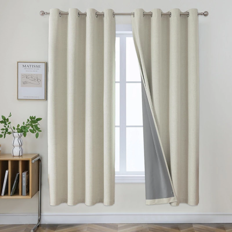 Joydeco Blackout Curtains 72 Inches Long 2 Panels Burg, Room Darkening Curtains for Bedroom, 100% Black Out Textured Thermal Drapes Privacy Protection 2 Panels Set(W42 x L72 Inch, Light Beige)