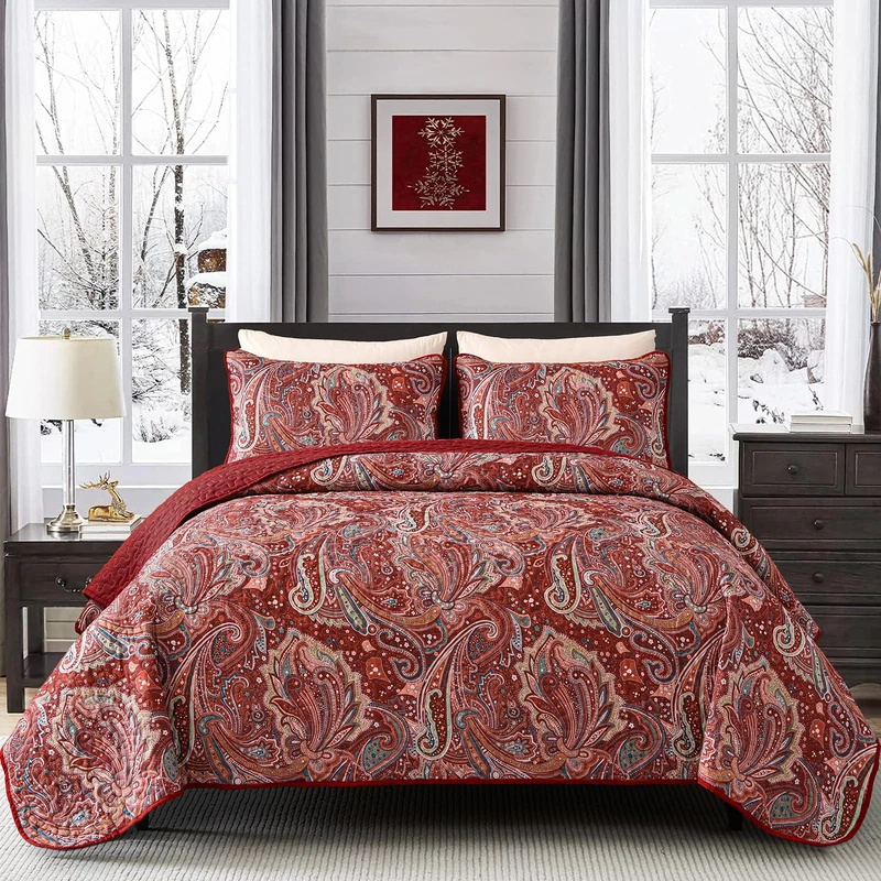 DJY Red Paisley Quilt Set Queen Size Boho Quilt Bedspread Set 3 Pieces, Soft Lightweight Microfiber Coverlet Set Paisley Floral Pattern Bedding for All Season, 96''x90''