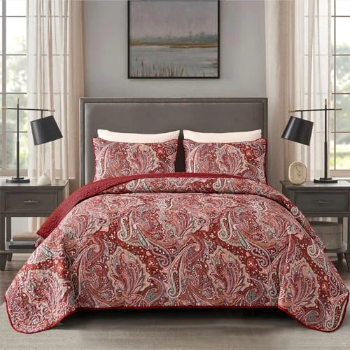 DJY Red Paisley Quilt Set King Size Boho Quilt Bedspread Set 3 Pieces, Soft Lightweight Microfiber Coverlet Set Paisley Floral Pattern Bedding for All Season, Rust Red 104''x90''
