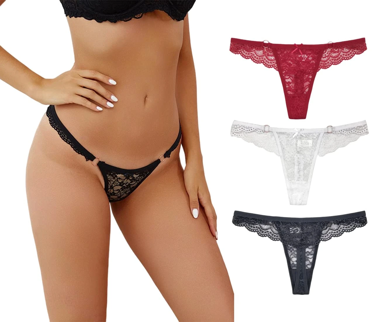 marysgift Thongs for Women Lace Panties Multipack of 3 Bow-Knot Underwear Ladies Knickers (T03,L UK 8 10)