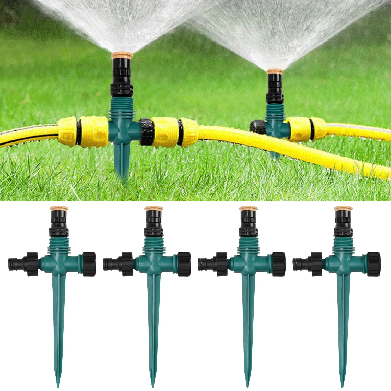 Pack of 4 Lawn Sprinklers, 360° Rotating Garden Sprinkler, Water Sprinkler, Adjustable Automatic Irrigation System for Garden, Lawn, Plants, Vegetables, Flowers, Pastoral (Green)