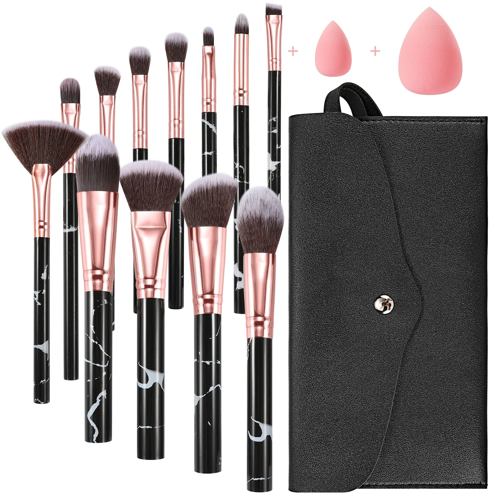 Makeup Brushes Start Makers 12Pcs Marble Make up Brushes Professional Makeup Brush Set Foundation Concealer Blush Eyeshadow Brush Set with Beauty Blender and Makeup Pouch (Black)