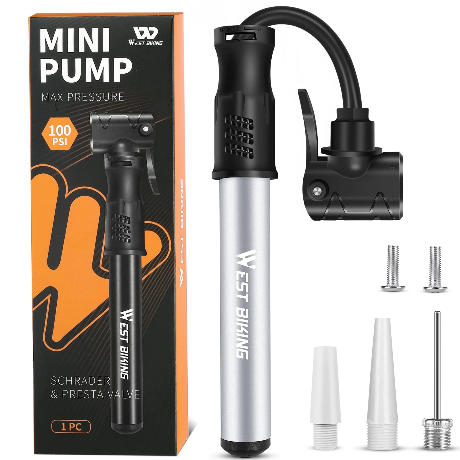 Bicycle Pump Mini Bike Pump - Aluminum Alloy Cycle Pump for Presta & Schrader Valve, Portable Lightweight Bike Tyre Pump Fast Tyre Inflation Mini Air Pump For Mountain Road Bike Ball Pump (Silver)