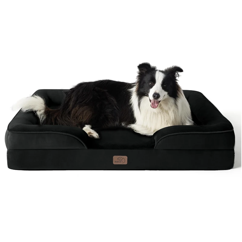 Bedsure Large Dog Bed Sofa - Washable Orthopedic Dog Beds and Couch with Removable Flannel Cover, Waterproof Dog Pillow with U-Shape Bolster, Black Squre Pet Bed, 89x63x16cm