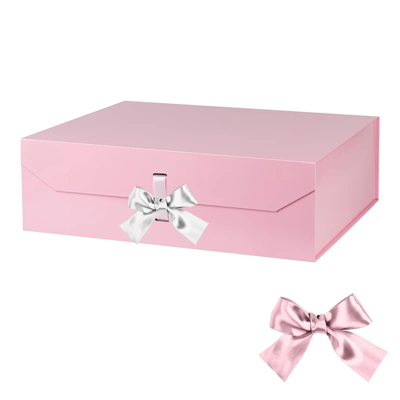 Pink Large Gift Box 13x11x5.3 Inches With Ribbon, Lid Magnetic Closure, Christmas, Rectangle Collapsible for Men Shoes