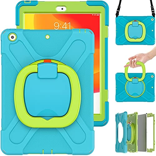 Commute Case for Samsung Tab A8 10.5 X200/X205, Heavy Duty Shockproof Kids Case with Screen Protector 3 in 1 Shockproof Bumper with 360° Ring Holder Stand Carrying Strap (Light Blue+Green)