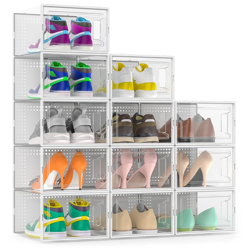 Secret Space Shoe Storage Boxes, 12 Pack Shoe Organizer for Closet, Crystal Shoe Boxes Clear Plastic Stackable, Space Saving Shoe Containers Display Case for Sneaker Storage