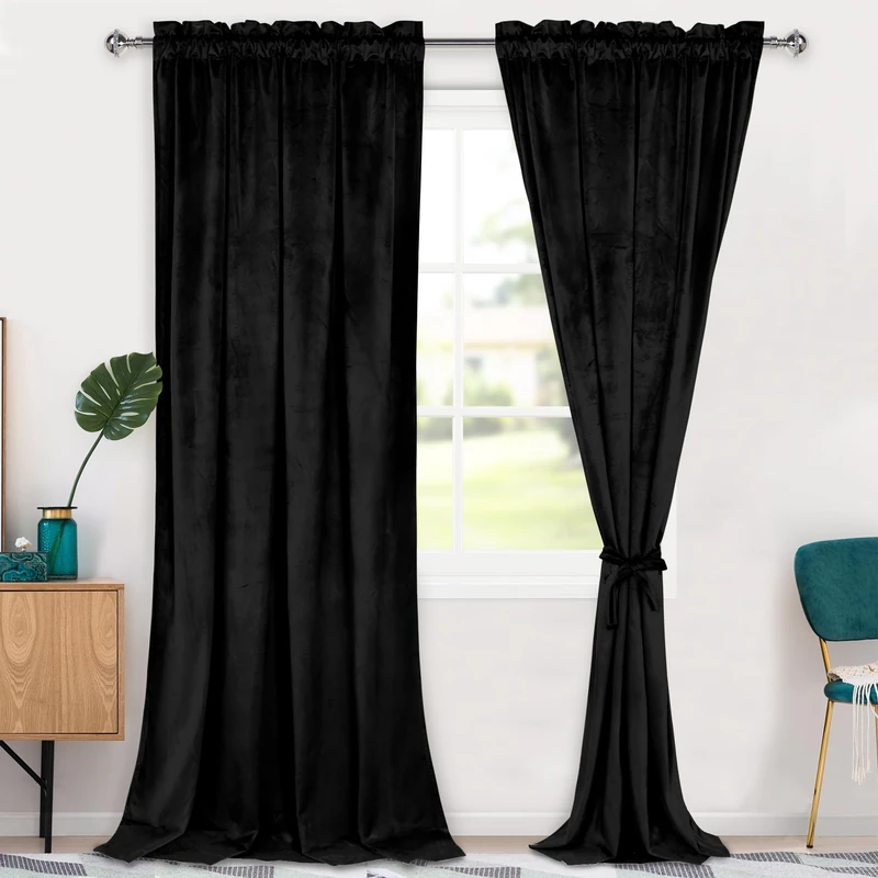 Hiasan Black Velvet Curtains 96 inches-Blackout Thermal Insulated Solid Soft Curtains for Bedroom Living Room Rod Pocket Room Darkening 2 Panels Window Drapes with Tiebacks, 52W x 96L
