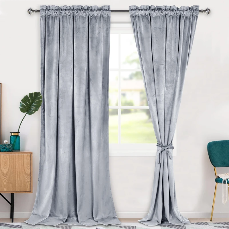 Hiasan Velvet Curtains 108 inches-Blackout Thermal Insulated Solid Soft Curtains for Bedroom Living Room Rod Pocket Room Darkening 2 Panels Window Drapes with Tiebacks, 52W x 108L, Silver Grey