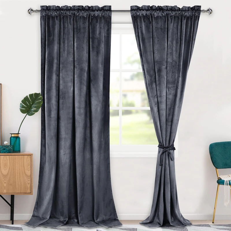 Hiasan Velvet Curtains 96 inches-Blackout Thermal Insulated Solid Soft Curtains for Bedroom Living Room Rod Pocket Room Darkening 2 Panels Window Drapes with Tiebacks, 52W x 96L, Dark Grey