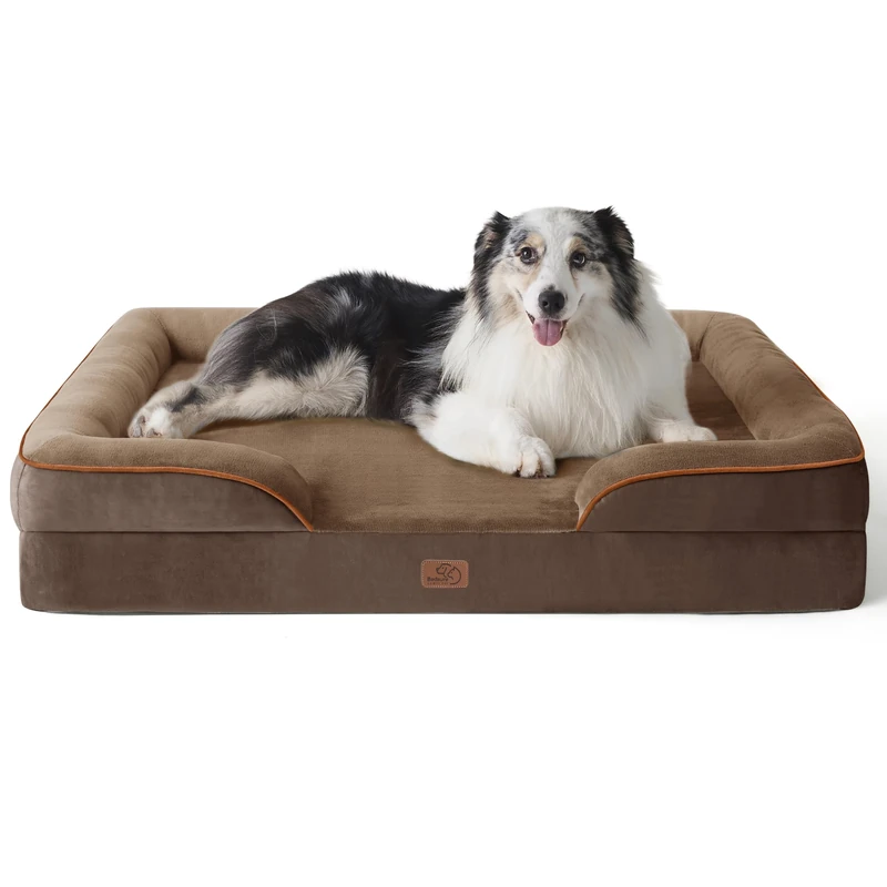 Bedsure Extra Large Dog Sofa Bed - Washable Orthopedic Dog Beds and Couch with Removable Flannel Zipper Cover, XL Waterproof Human Dog Bed, Brown Squre Pet Bed, 106x80x16cm