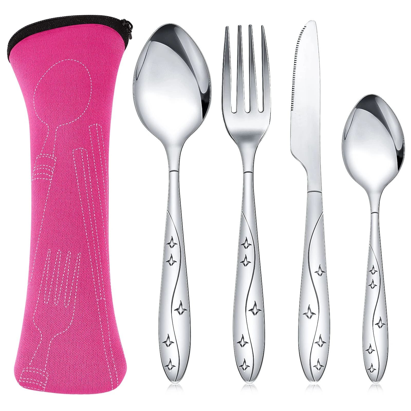 4 Pcs Cutlery Set with Portable Pouch Case, Stainless Steel Knife and Fork Flatware Set Camping Utensil Set for Picnic School Office Mirror Polished Dishwasher Safe(Pink)