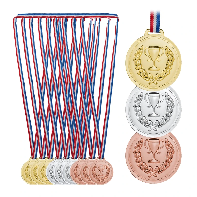 Relaxdays Medals for Children, Set of 12, 6 cm Diameter, Plastic, Ribbon, Kids Birthday, Prize, Gold, Silver, Bronze