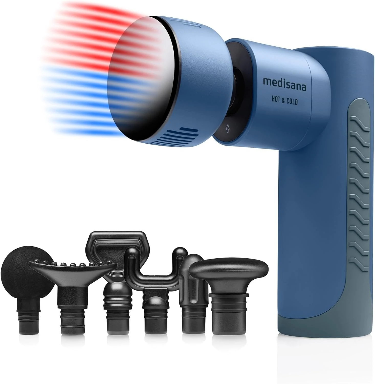 Medisana MG 600 Massage Gun with Hot & Cold function, deep tissue massage with 3 vibration levels, ergonomic shape design and accent color "stone blue", 7 massage attachments, battery operation