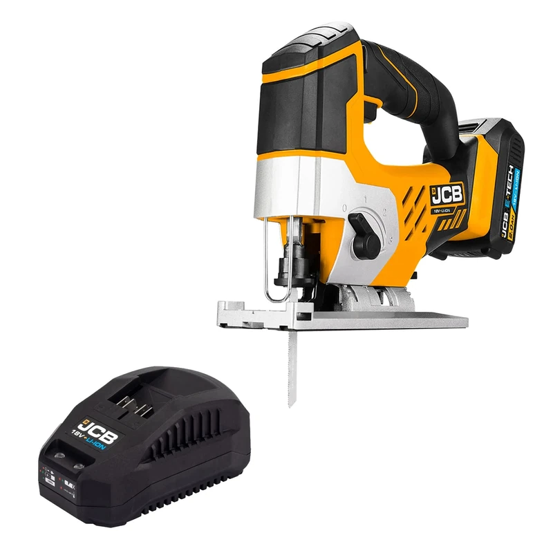 JCB 18V Cordless Jigsaw, 2.0Ah Battery, Fast Charger, Variable Speed & Adjustable Foot Plate, Tool-Free Blade Changing, Led Light & 4 Stage Pendulum, 3 Year Warranty