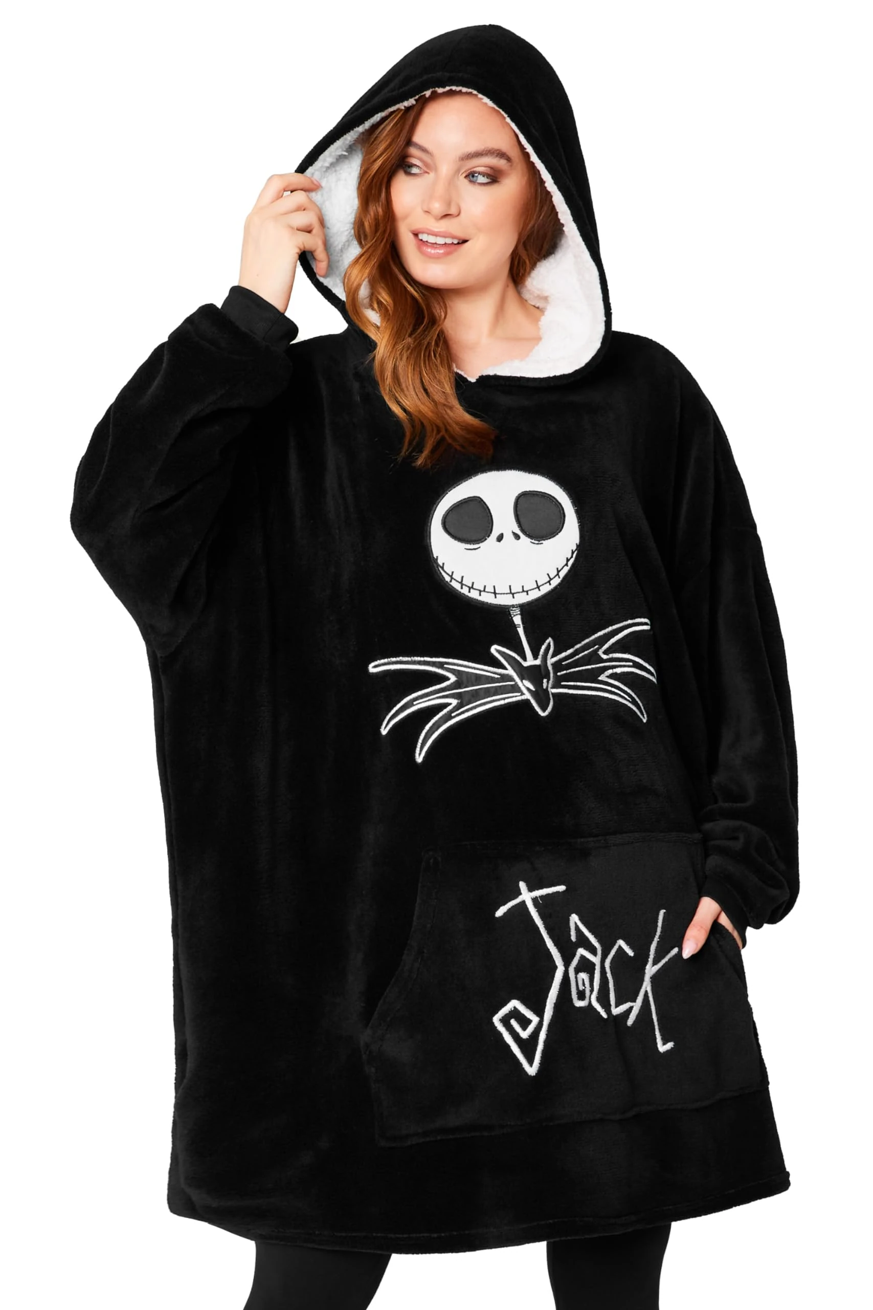 Disney Fleece Hoodie for Adults and Teenagers Oversized Hooded Poncho One Size - Stitch Gifts (Black Jack Skellington)