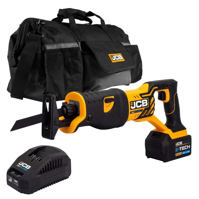 JCB 18v Cordless Reciprocating Saw, 5.0Ah Battery, Fast Charger, Variable Speed & Adjustable Position Foot Plate, Tool-Free Blade Changing, 20"" Power Tool Kit Bag, 3 Year Warranty