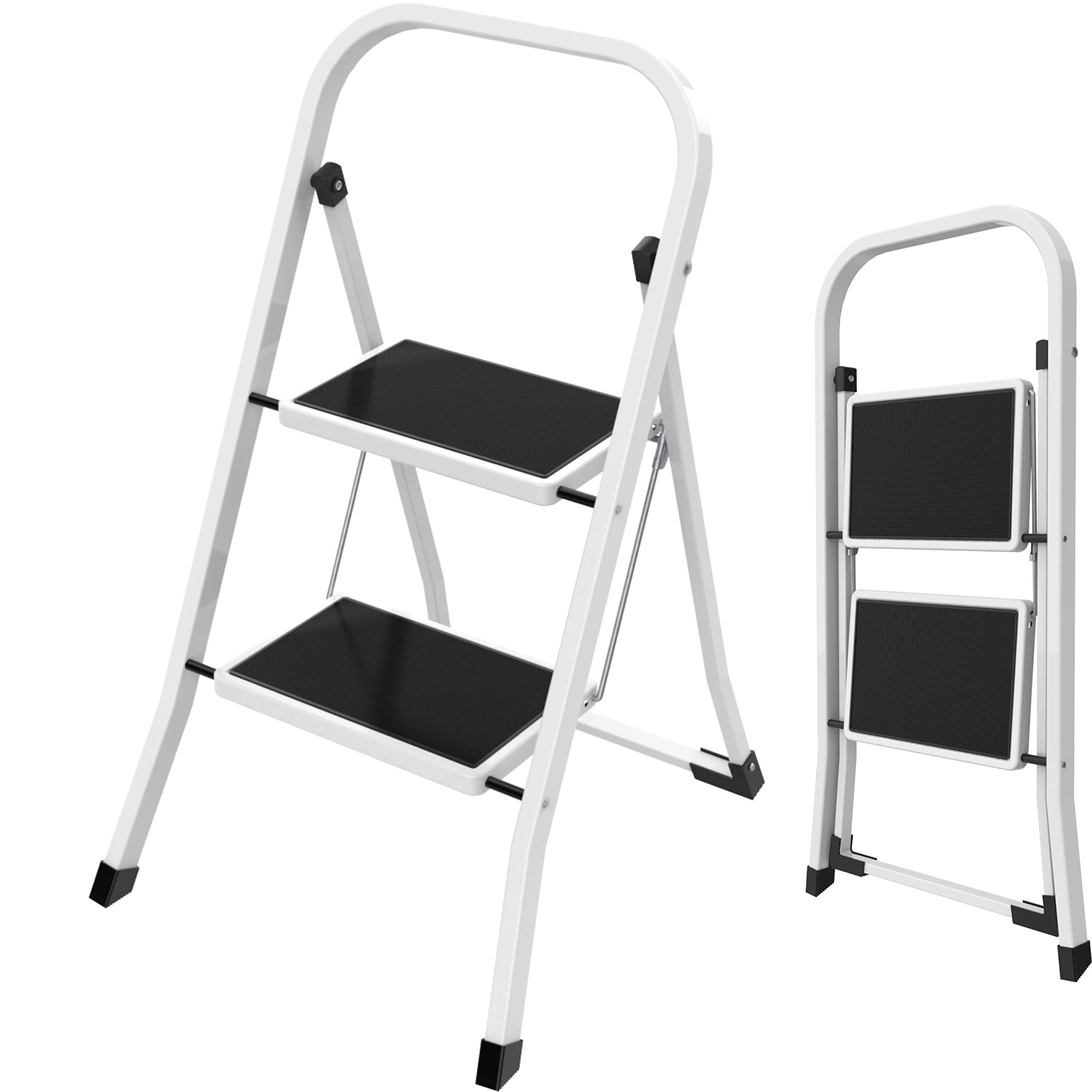 NOVECRAFTO 2 Step Ladder 32.2'' (82cm) High | Durable Steel Step Ladder, White Portable Folding Ladder - Small, Compact and Functional