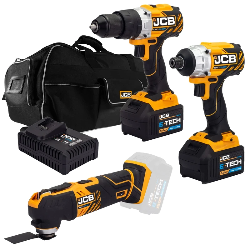 JCB 18V Brushless Cordless Combi Drill, Impact Driver & Multi Tool, 2X 5.0Ah Battery, Fast Charger, 26" Wheeled Power Tool Bag, 3 Year Warranty