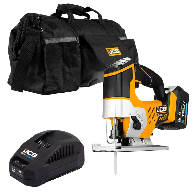 JCB 18V Cordless Jigsaw, 4.0Ah Battery, Fast Charger, Variable Speed & Adjustable Foot Plate, Tool-Free Blade Changing, Led Light & 4 Stage Pendulum, 20" Power Tool Kit Bag, 3 Year Warranty