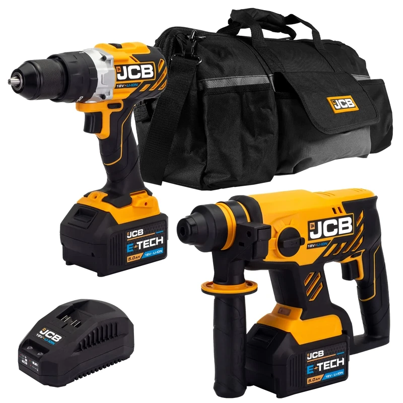 JCB 18V Brushless Cordless Combi Drill & SDS Rotary Hammer Drill, 2X 5.0Ah Battery, 20" Power Tool Kit Bag, 3 Year Warranty