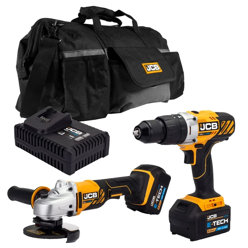 JCB 18V Cordless Combi Drill & 112mm Angle Grinder, 2X 5.0Ah Battery, Fast Charger, 20" Power Tool Kit Bag, 3 Year Warranty