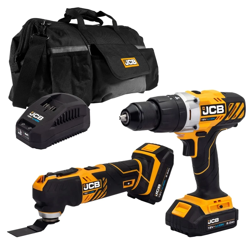 JCB 18V Cordless Combi Drill & Multi Tool, 2X 2.0Ah Battery, Fast Charger, 20" Power Tool Kit Bag, 3 Year Warranty