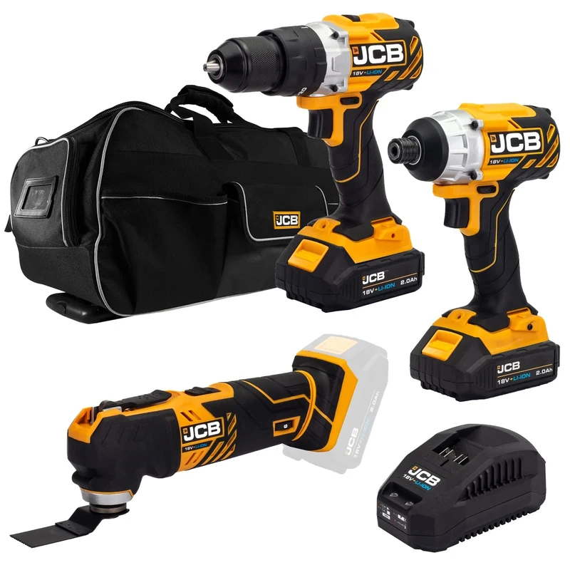 JCB 18V Brushless Cordless Combi Drill, Impact Driver & Multi Tool, 2X 2.0Ah Battery, Fast Charger, 26" Wheeled Tool Bag, 3 Year Warranty