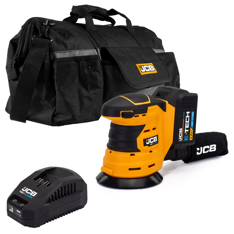 JCB 18V Cordless Orbital Sander with 4.0Ah Battery & Fast Charger – 125mm Sanding Pad, Dust Collection, Rubber Grip, 20in Tool Kit Bag, 3 Year Warranty