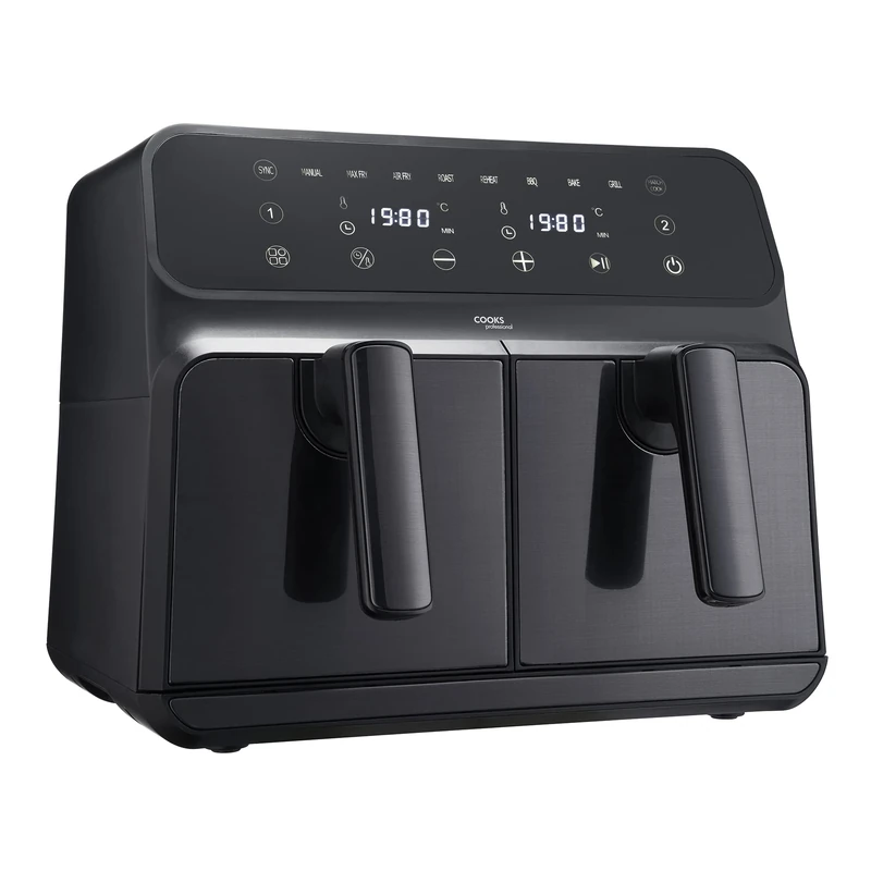 Cooks Professional 8 Litre Dual Digital Air Fryer with Double Twin Basket | Stainless Steel Energy Saving Instant Fryer with Double Drawers & Preset Functions | 8L Capacity (XL) | Black