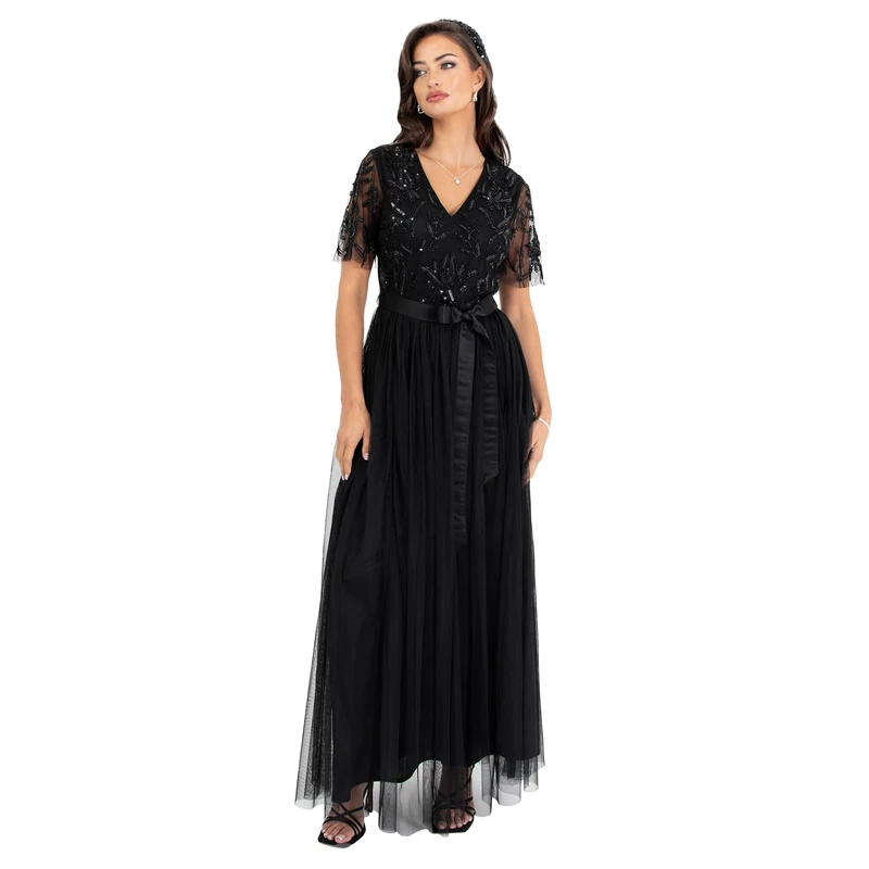Maya Deluxe Women's Maxi Prom Dress for Weddings, Guests, V-Neck, Bridesmaid and Evening Dress, Black, 46, Black, UK 10.5