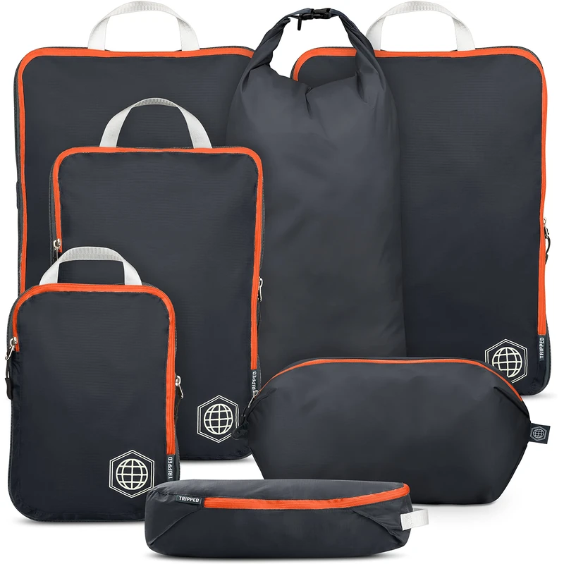 Large Packing Cubes for Travel-Extra Large Compression Packing Cube Luggage Organizers 7 Piece Set-Ultralight, Expandable/Compression Bags for Clothes by TRIPPED Travel Gear (Grey/Orange)