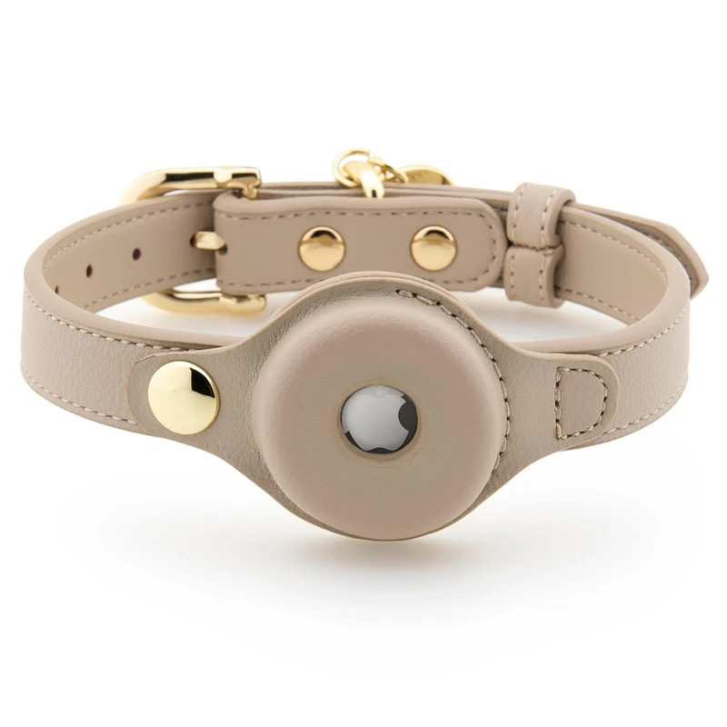 NINA WOOF Cupertino Dog Collar Compatible with Airtag 2021, Adjustable, Harnesses & Leads Made from Vegan Leather with Dog Tracker (M (Neck: 15x19"), Beige)