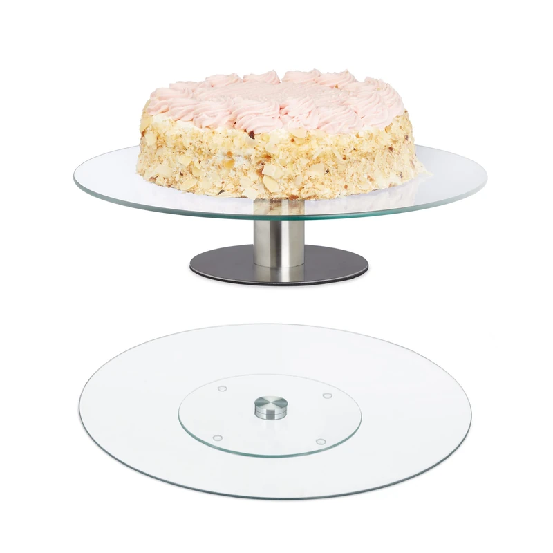 Relaxdays Set of 2 Cake Plates, With & Without Stand, Rotatable, 7x30cm, Round Pastry Display, Glass, Transparent/Silver - Image 1
