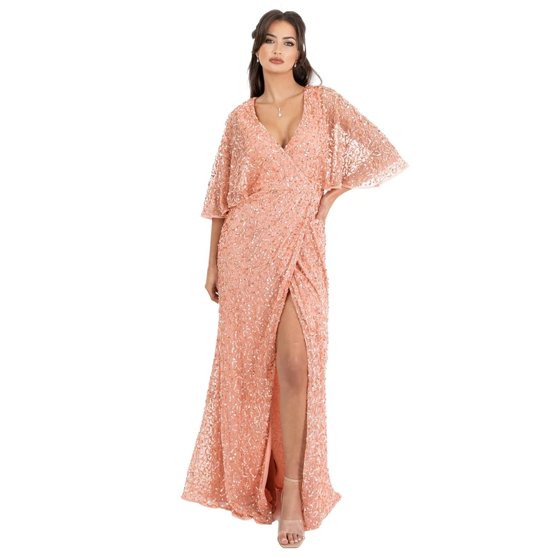 Maya Deluxe Women's Sequin Embellished A-Line Wedding Guest Bridesmaid Evening Prom Occasion Dress Apricot Blush 44, Apricot Blush, 18