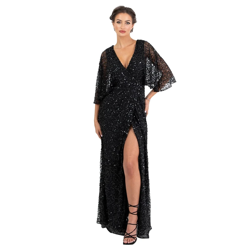 Womens Maxi Dress Ladies Sequin Embellished Wrap A-Line Dress for Wedding Guest Bridesmaid Evening Prom Ball Occasion Black Size 14
