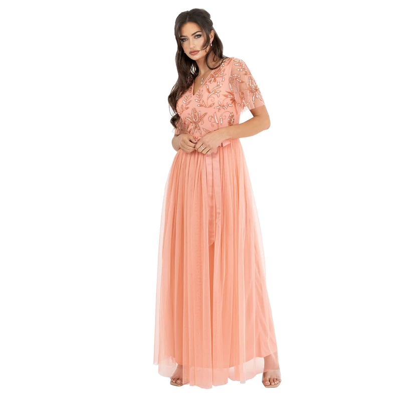 Maya Deluxe Maxi Woman, Prom Dress for Weddings, Guests, V-Neck, Bridesmaid and Evening Dress, Apricot Blush, 58, Apricot Blush, UK 26