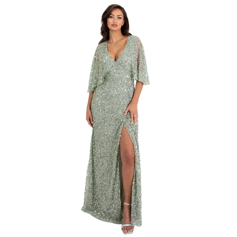 Maya Deluxe Ladies Sequin Embellished A-line Wedding Guest Bridesmaid Evening Prom Occasion Dress Green Lily 48, Green Lily, 22