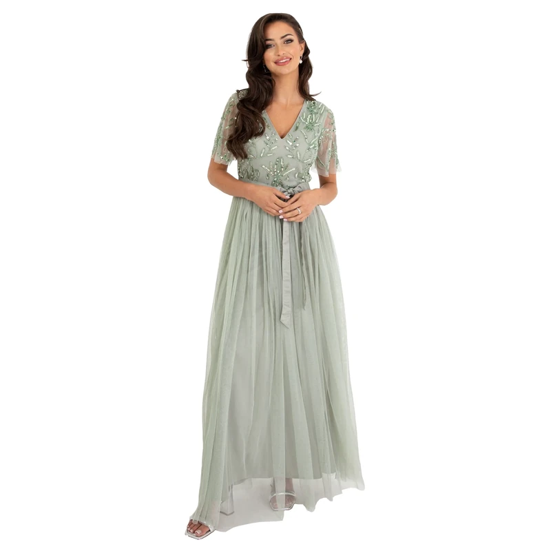 Womens Maxi Dress Ladies Ball Gown for Wedding Guest Embellished Tie Waist V Neck Bridesmaid Prom Evening Occasion Green Lily Size 28 UK