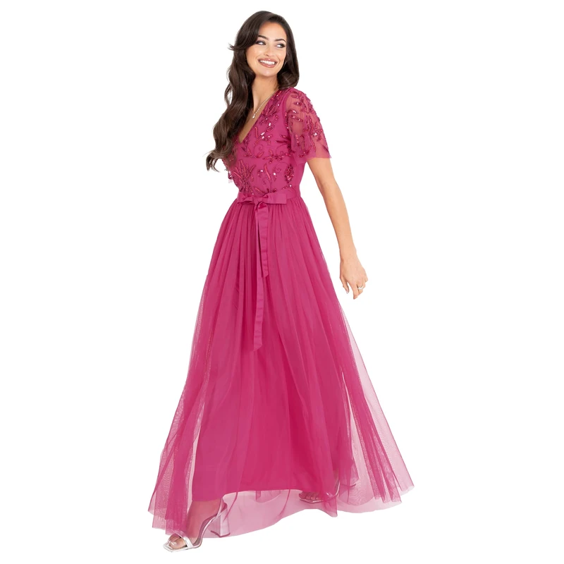 Maya Deluxe Maxi Woman, Prom Dress for Weddings, Guests, V-Neck, Bridesmaid and Evening Dress, Fuchsia, 42, Fuchsia, 10