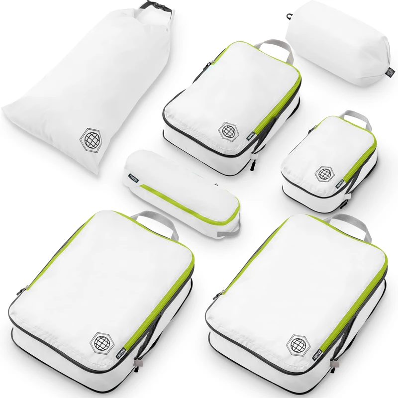 Large Packing Cubes for Travel-Extra Large Compression Packing Cube Luggage Organizers 7 Piece Set-Ultralight, Expandable/Compression Bags for Clothes by TRIPPED Travel Gear (White/Green)